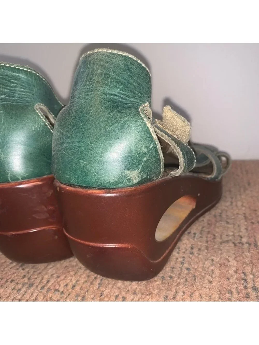 Fly London Teal Leather Wedge Sandals